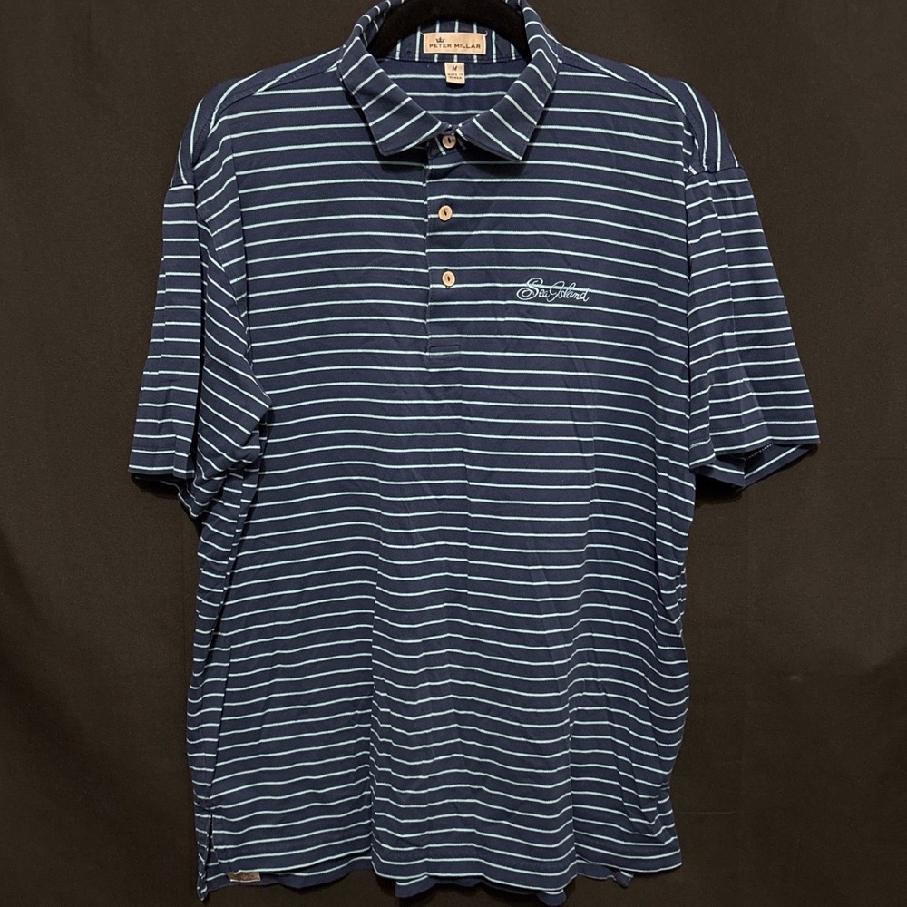 Peter Millar Polo Shirt M Blue Preppy Striped Sea Island Cotton Blend Stretch